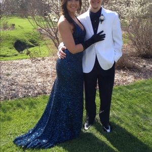 Navy Blue sequin dress, low cut front and back.